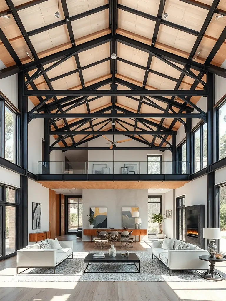 An interior shot of an RFC ECO NEST home, highlighting the use of structural steel beams and open-concept design, conveying strength and spaciousness.