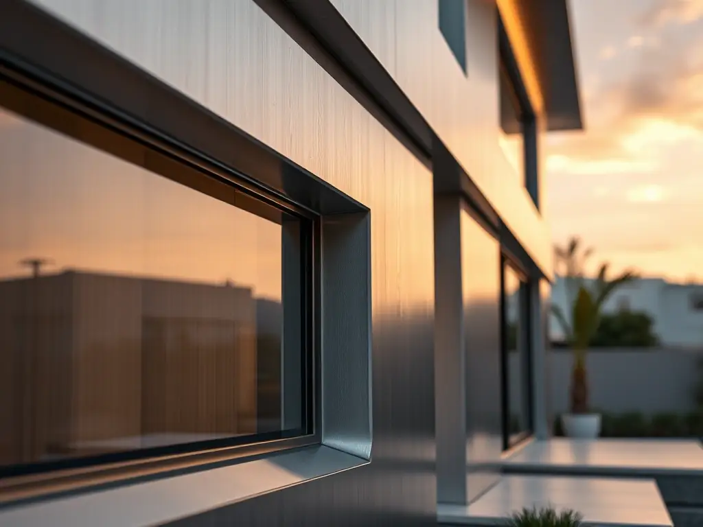 A close-up shot of Alucobond material showcasing its sleek, modern finish and the precision of its installation on a futuristic home exterior. The image highlights the material's smooth surface and reflective properties, emphasizing its aesthetic appeal and durability.