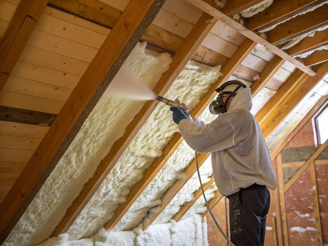 An image showcasing spray foam insulation being applied to a wall cavity, highlighting its seamless coverage and insulating properties. The photo emphasizes the foam's ability to fill gaps and create an airtight seal, improving energy efficiency and reducing utility costs.